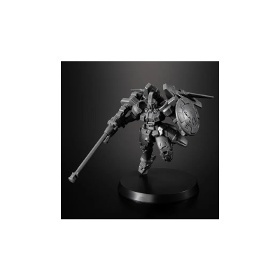 Figura robótica metálica cinzenta com escudo e arma longa