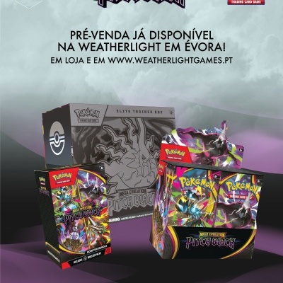 Produtos Pokémon Mega Evolution Pitch Black com aviso de pré-venda disponível em Évora e website.