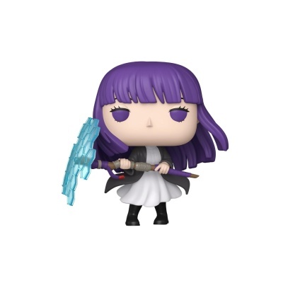 Figura colecionável Funko Pop com cabelo roxo e arma azul