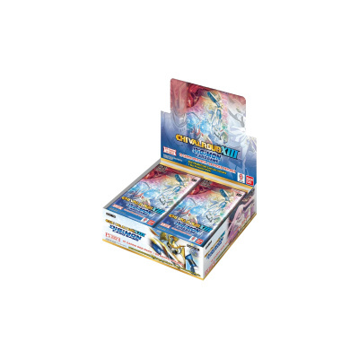 Caixa de exposição com pacotes do jogo Digimon Card Game Chivalrous XIII.