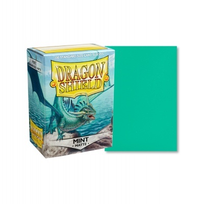 Pacote de protetores de cartas Dragon Shield verde menta fosca com dragão azul e protetor ao lado.