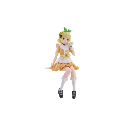 Figura colecionável feminina com vestido amarelo e avental branco, cabelo loiro curto com laço verde e fatia de limão.