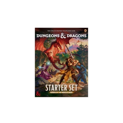 Capa do jogo Dungeons & Dragons Starter Set com dragão vermelho e aventureiros numa floresta