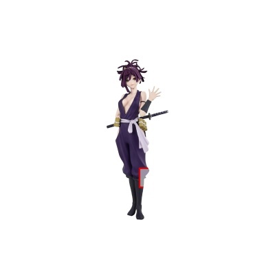 Figura de personagem anime com traje roxo, espada e botas pretas