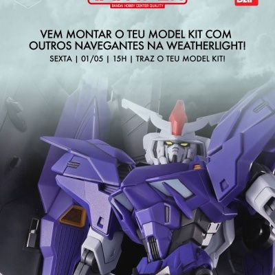 Modelo Gundam roxo com texto de convite para montar model kits na Weatherlight