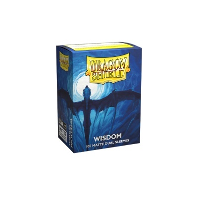 Caixa azul e amarela de proteções para cartas Dragon Shield Wisdom com 100 sleeves opacos duplos.