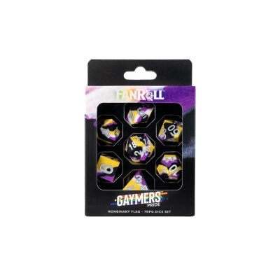 Conjunto de dados coloridos em embalagem preta com texto, janela transparente