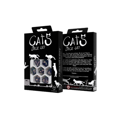 Conjunto de dados Cats Dice Set com embalagem preta e dados azuis com desenhos de gatos.