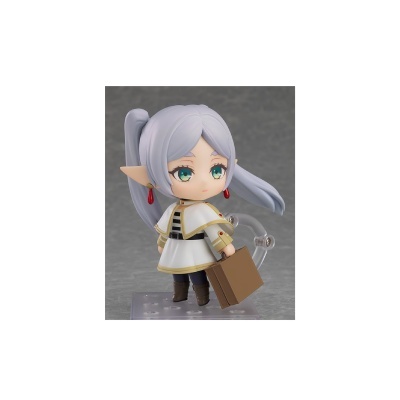 Figura Nendoroid com cabelo cinzento e olhos verdes a segurar saco castanho
