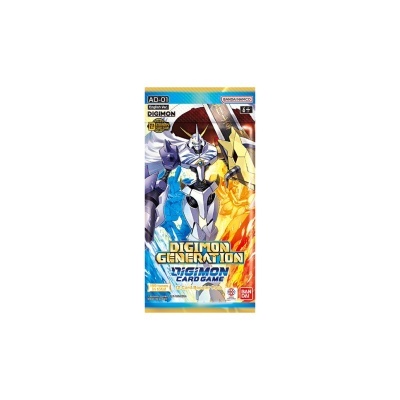 Pacote booster de cartas Digimon Generation com Digimon robótico e fundo em azul e laranja