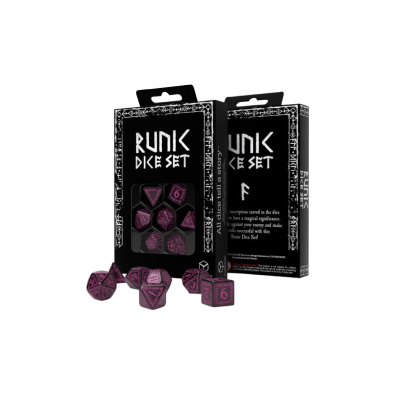 Conjunto de dados Runic roxos e pretos em embalagem preta com texto branco