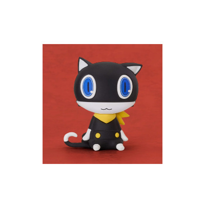 Figura de gato de vinil preto com olhos azuis grandes e cachecol amarelo