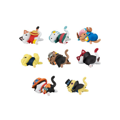 Sete figuras de gatos coloridos deitados com roupas diversas