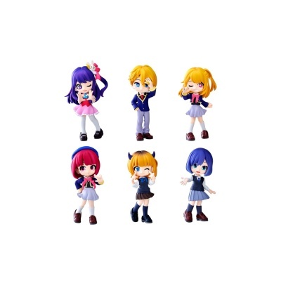 Seis bonecos anime em roupas escolares com cabelos coloridos sobre fundo branco