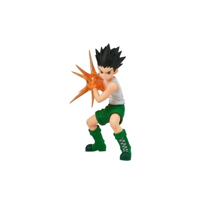 Figura de ação de personagem com cabelo preto e roupa verde segurando efeito laranja