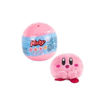 Bola rosa com embalagem azul e peluche cor-de-rosa de personagem Kirby