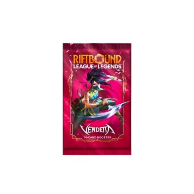 Pacote booster vermelho do jogo RIFTBOUND LEAGUE OF LEGENDS com personagem Vendetta