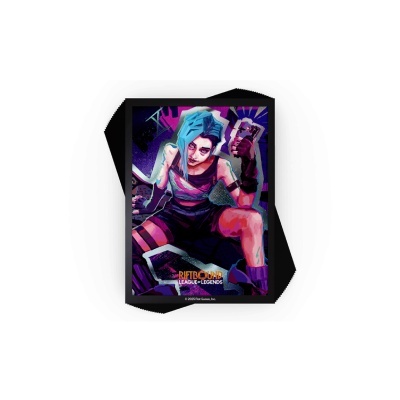 Poster com personagem feminina de cabelo azul e roupa preta e roxa, texto RIFTBOUND LEAGUE OF LEGENDS.