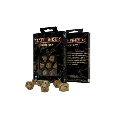 Conjunto de dados Pathfinder em caixa preta com dados bege e números negros