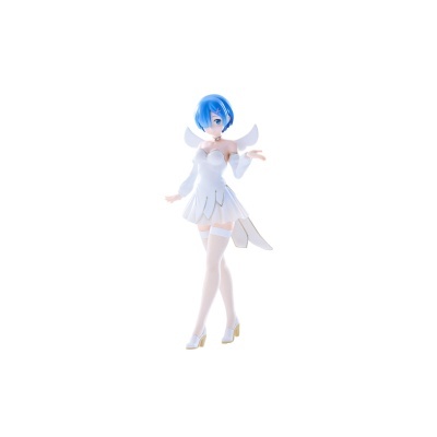 Figura colecionável de personagem feminina com vestido branco e cabelo azul