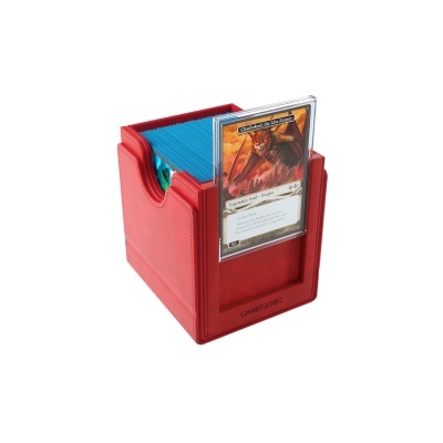 Suporte vermelho para cartas de jogo com cartas azuis e uma carta visível com ilustração