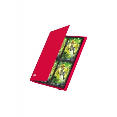 Porta-cromos vermelho a abrir com cromos verdes visíveis