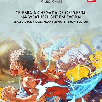 Poster promocional do jogo de cartas ONE PIECE com personagens e texto do evento em Évora