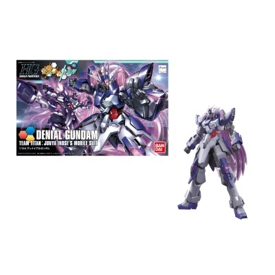 Figura Denial Gundam cinza com roxo ao lado da embalagem colorida.