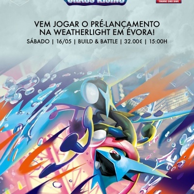 Promoção Pokémon Trading Card Game Mega Evolution Chaos Rising com arte colorida e texto promocional em português