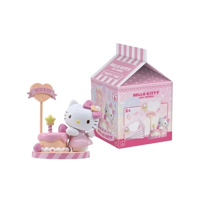 Figura Hello Kitty com bolo rosa e vela, caixa em forma de leiteira rosa e branca