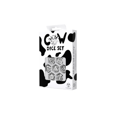 Conjunto de dados com temas de vaca em caixa decorada em preto e branco