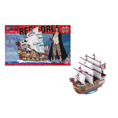 Modelo de barco pirata com velas brancas e caixa vermelha com texto THE REEL FORCE