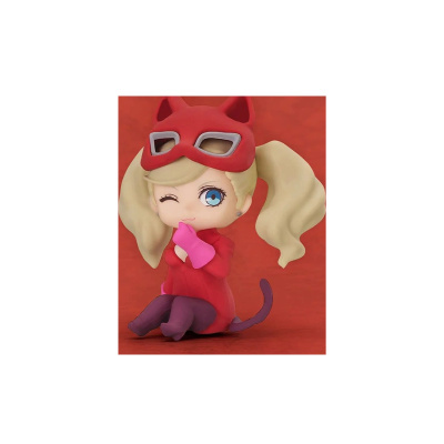 Figura anime de rapariga com máscara de gato vermelha e roupa vermelha com luvas rosa e botas roxas