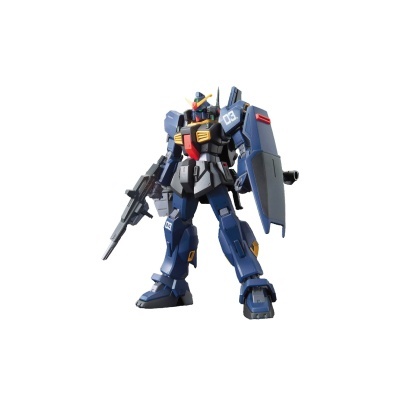 Figura robótica mecha azul escuro com arma e escudo, detalhes coloridos e número 03