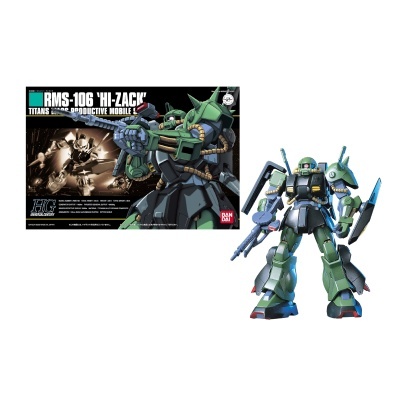 Figura de robô verde e preto com arma e escudo, embalagem ao fundo com texto RMS-106 HI-ZACK