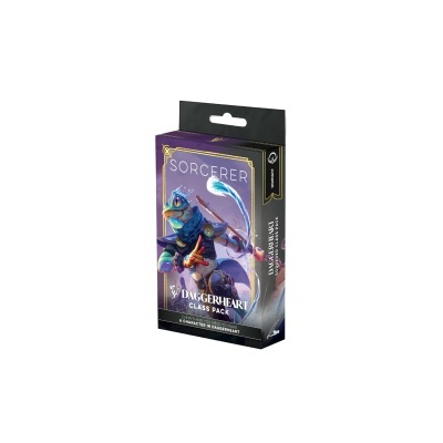 Embalagem de jogo com sapo feiticeiro, cores roxo, preto e dourado.