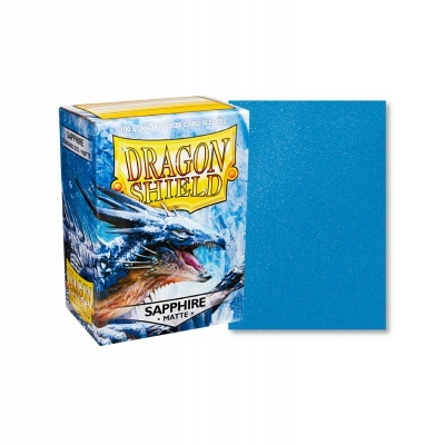 Caixa de protetores de cartas Dragon Shield Sapphire Matte azul e protetor azul fosco ao lado