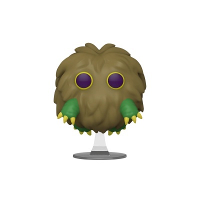 Figura colecionável de vinil com pêlo castanho, olhos roxos e garras verdes numa base transparente