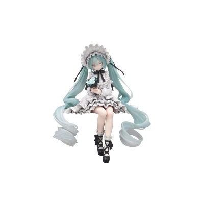 Figura colecionável de personagem feminina com vestido branco e cabelo azul comprido