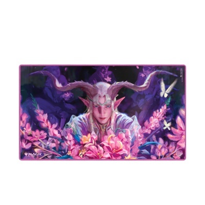 Tapete Magic the Gathering com personagem de fantasia com chifres e flores cor de rosa
