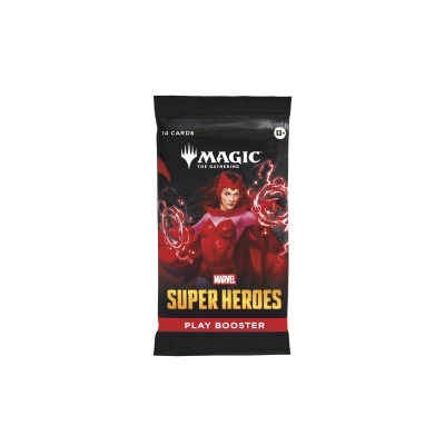 Pacote preto com ilustração de super-heroína vermelha e texto de Magic The Gathering Marvel