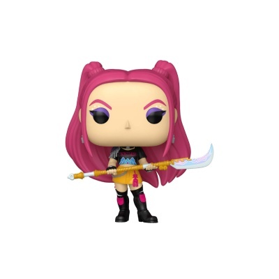 Figura colecionável de vinil com cabelo rosa e arma longa decorada