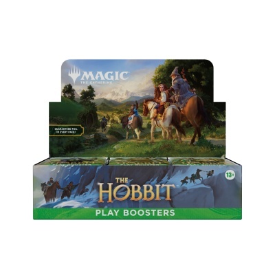 Expositor de cartas Magic The Gathering edição The Hobbit com ilustrações de personagens a cavalo e texto promocional
