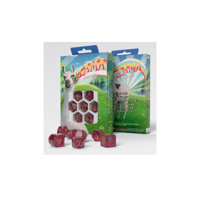 Conjunto de dados LLAMA DICE SET com dados roxos e embalagem ilustrada com lhama