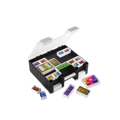 caixa organizadora preta com divisórias e peças coloridas