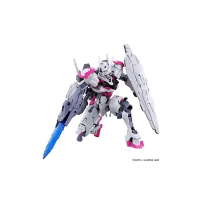 Figura de ação de robô estilo mecha cinzento, branco e rosa com escudo e espada