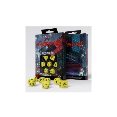 Conjunto de dados RPG Cyberpunk RED amarelos e pretos em caixa com arte futurista urbana