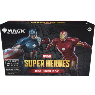 Caixa de jogo Magic The Gathering edição Marvel Super Heroes com Capitão América e Homem de Ferro.