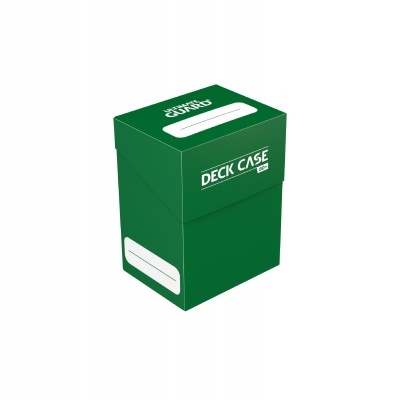 Caixa verde para baralhos com texto branco e áreas para escrita