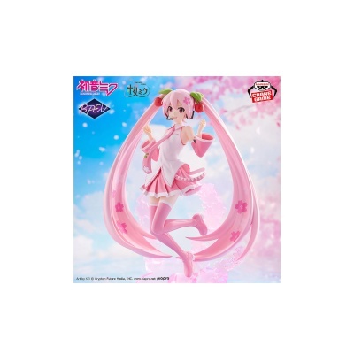 Figura colecionável de Hatsune Miku Sakura em fundo azul e rosa com texto